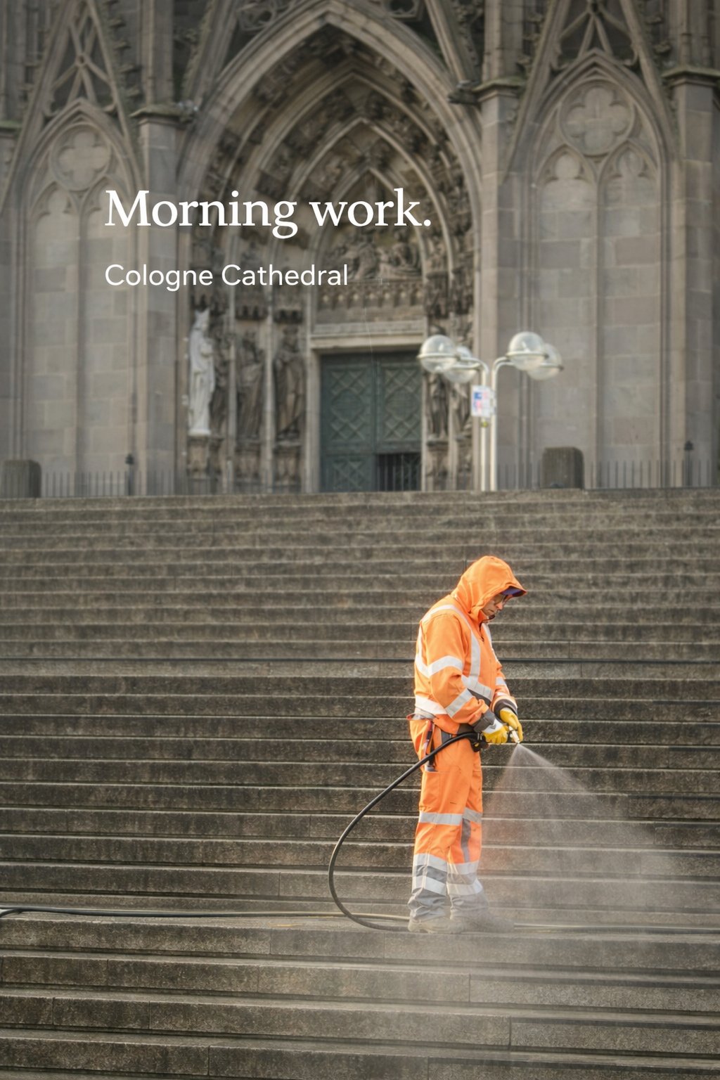 A street cleaner in orange workwear hosing down the steps of Cologne Cathedral in morning light